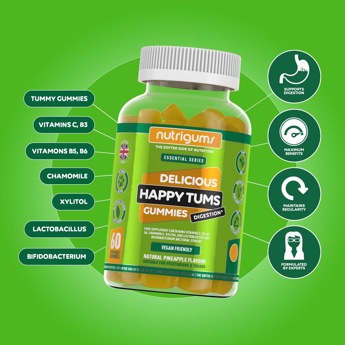 Happy Tums (Digestion) Pineapple Flavour - 60 Vegan Gummies
