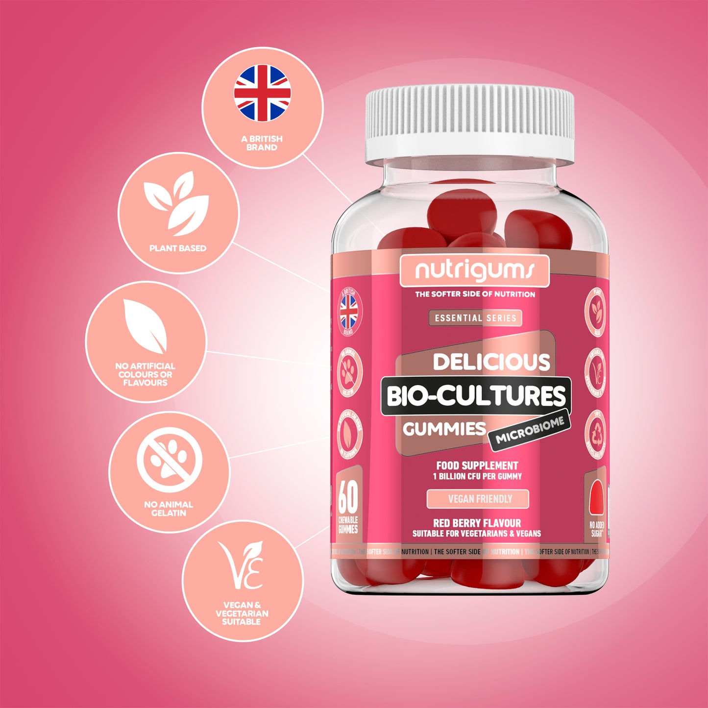 Bio-Cultures (Multi Strains) 1 Billion CFU 60 Vegan Gummies Strawberry Flavour.