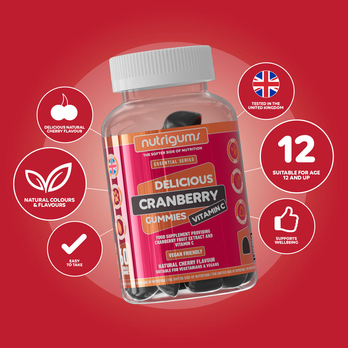 Cranberry & Vitamin C Cherry Flavour 60 Vegan Gummies Nutrigums