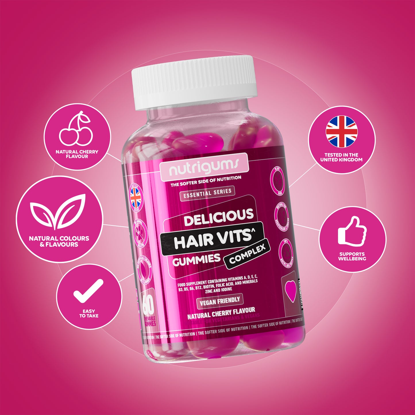 Hair Vits Biotin Complex Cherry Flavour - 60 Vegan Gummies