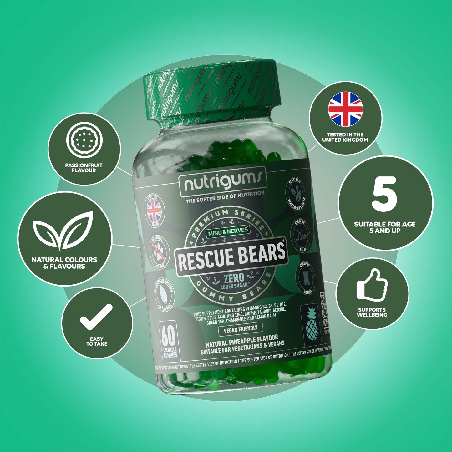Rescue Bears (Stress & Anxiety) No Added Sugar Pineapple Flavour - 60 Vegan Gummies