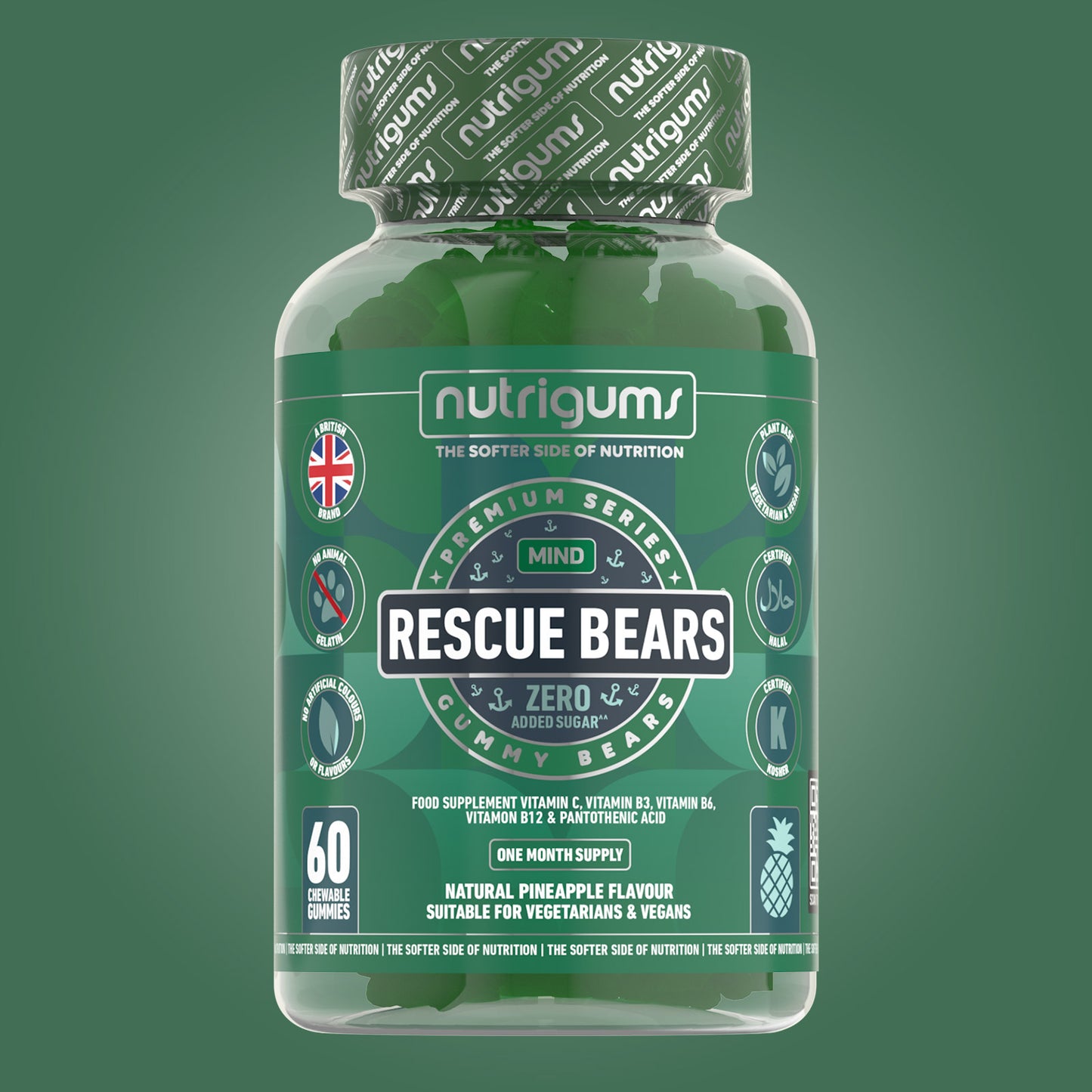 Rescue Bears (Stress & Anxiety) No Added Sugar Pineapple Flavour - 60 Vegan Gummies