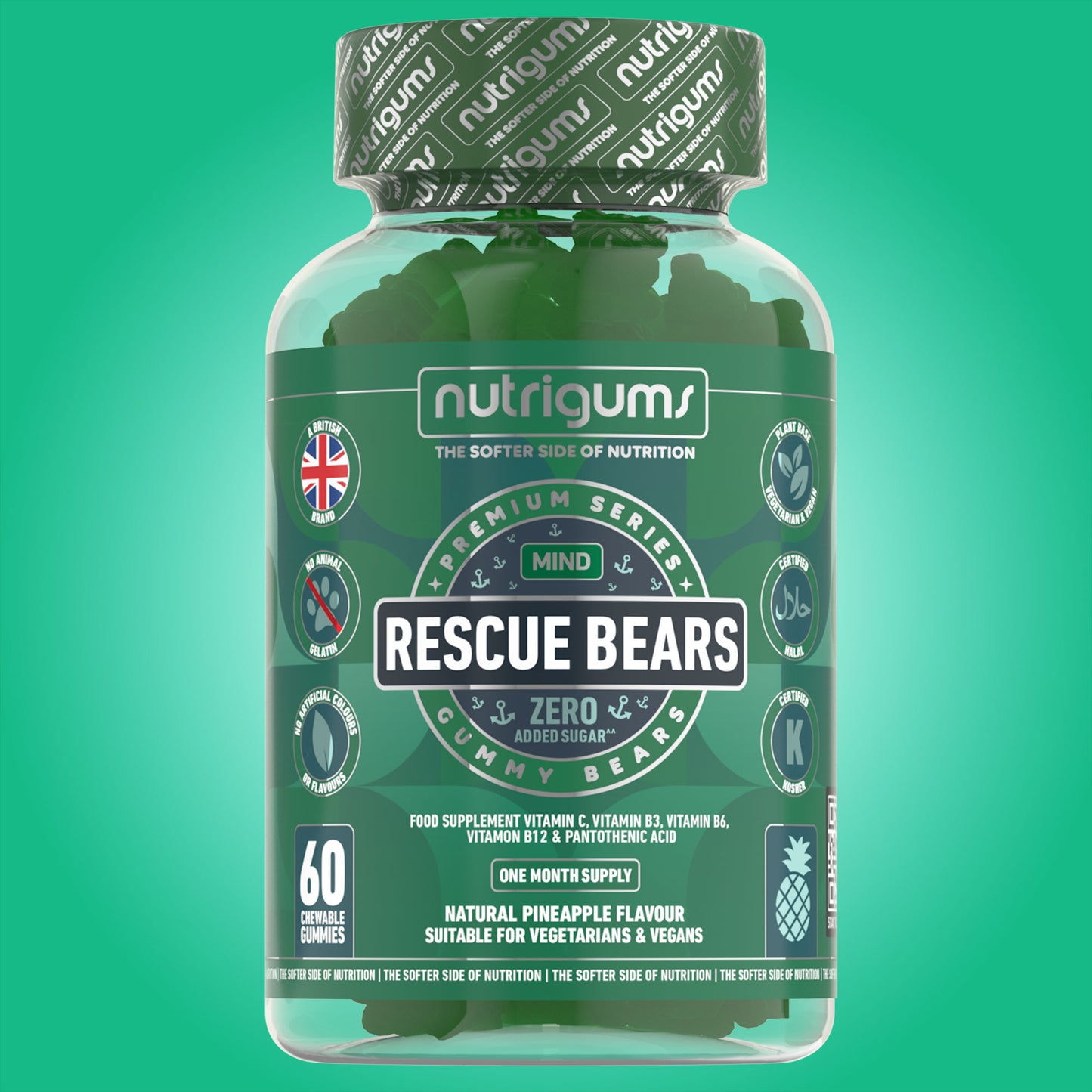 Rescue Bears (Stress & Anxiety) No Added Sugar Pineapple Flavour - 60 Vegan Gummies