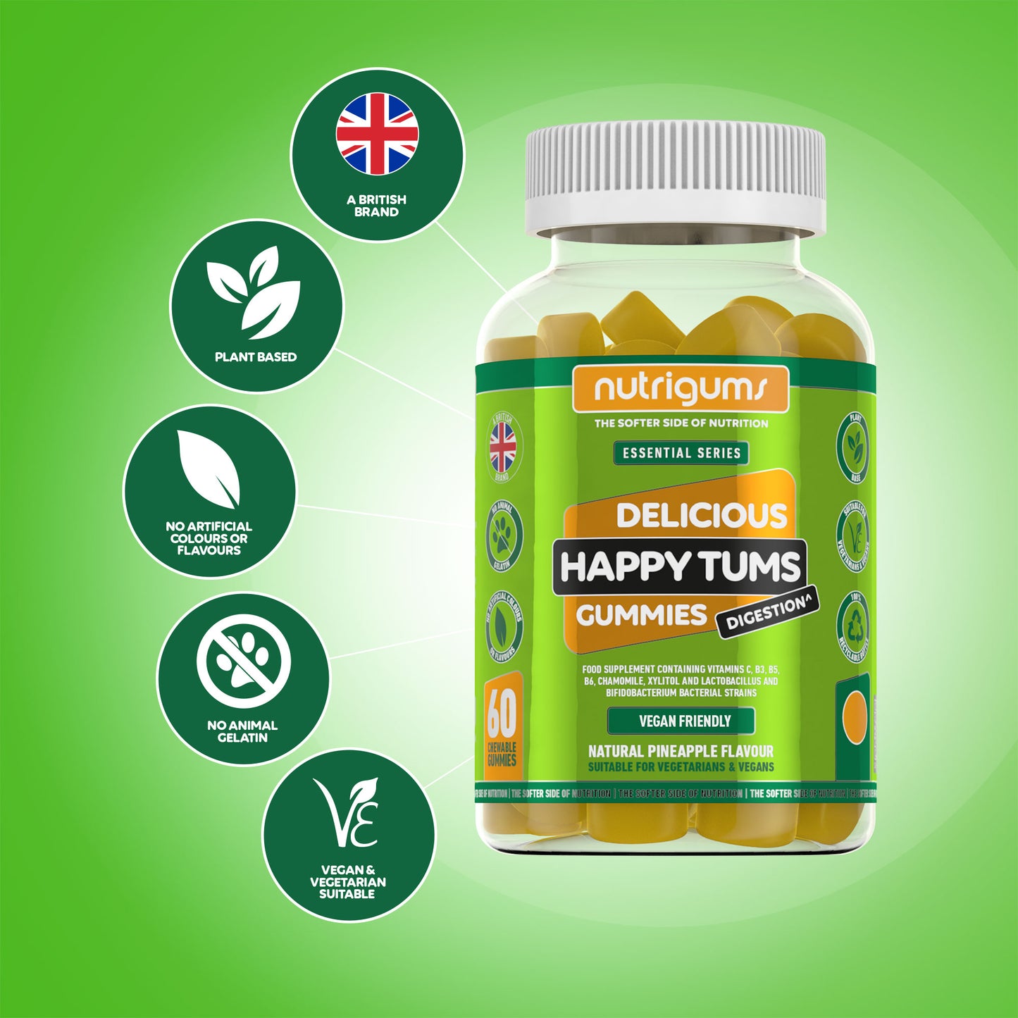 Happy Tums (Probiotics) Pineapple Flavour - 60 Vegan Gummies