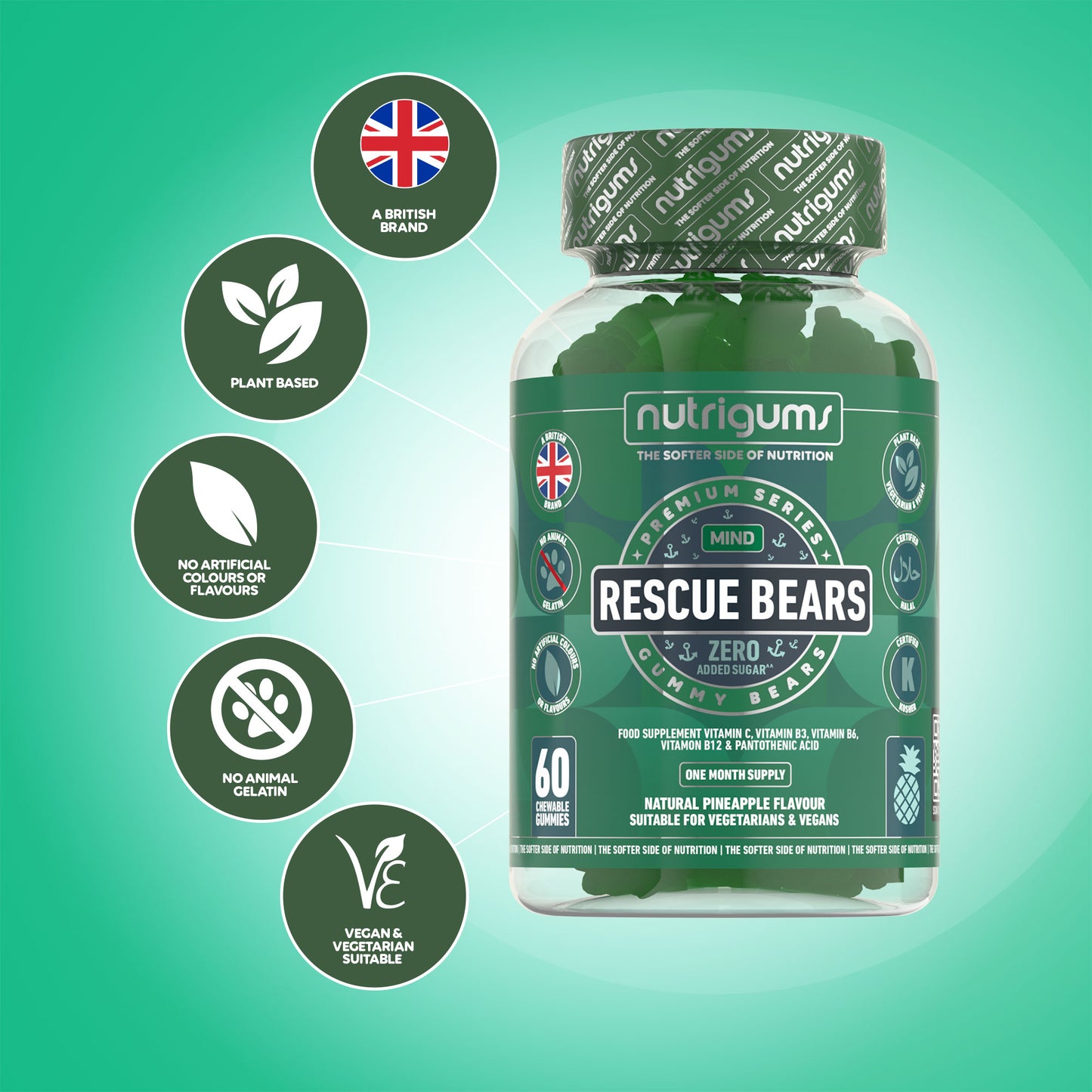 Rescue Bears (Stress & Anxiety) No Added Sugar Pineapple Flavour - 60 Vegan Gummies