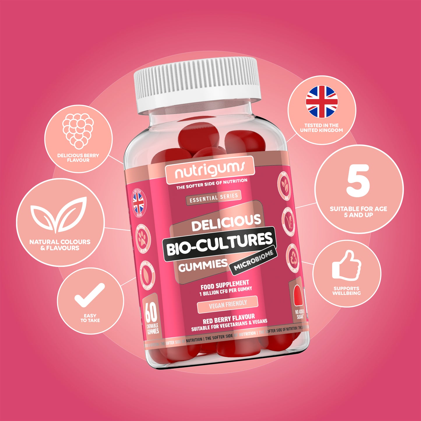 Bio-Cultures (Multi Strains) 1 Billion CFU 60 Vegan Gummies Strawberry Flavour.