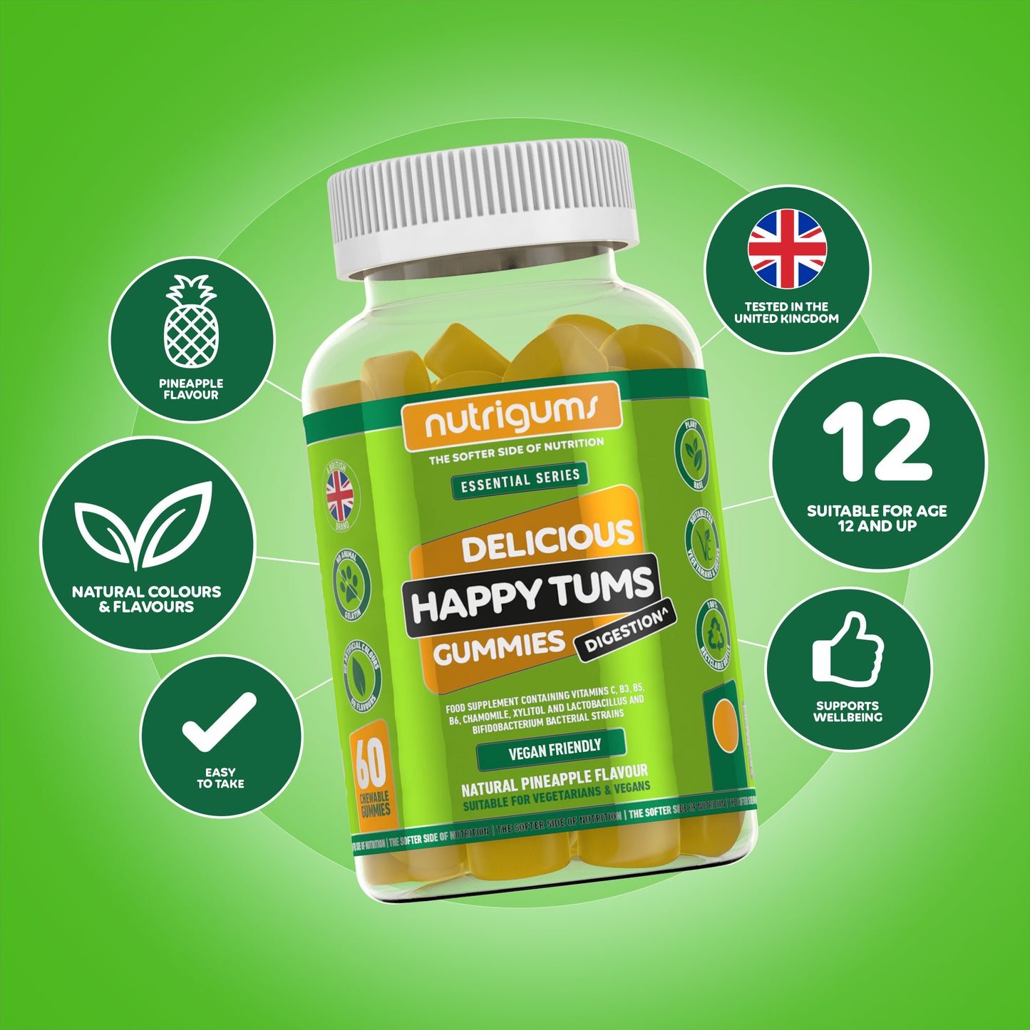Happy Tums (Probiotics) Pineapple Flavour - 60 Vegan Gummies