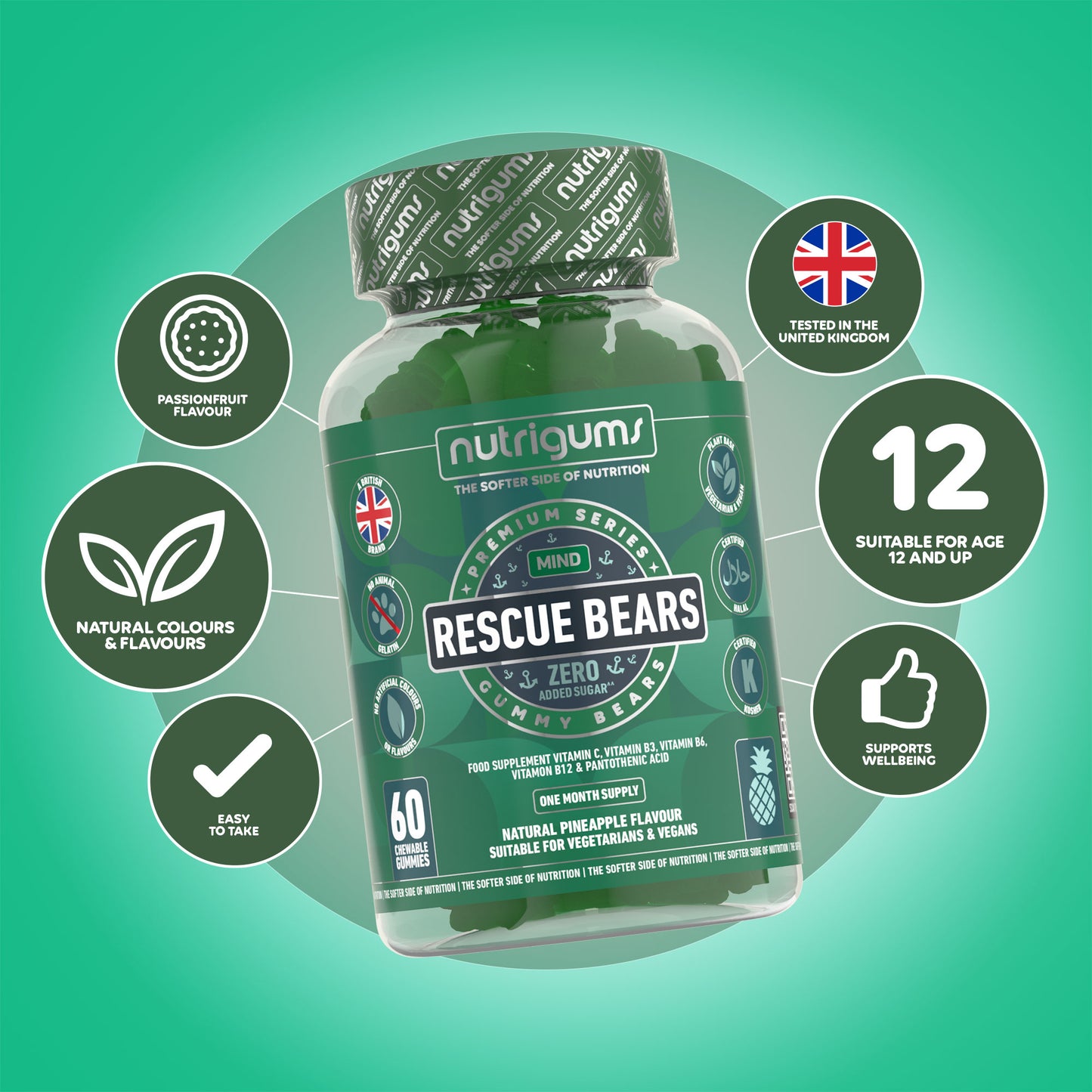 Rescue Bears (Stress & Anxiety) No Added Sugar Pineapple Flavour - 60 Vegan Gummies
