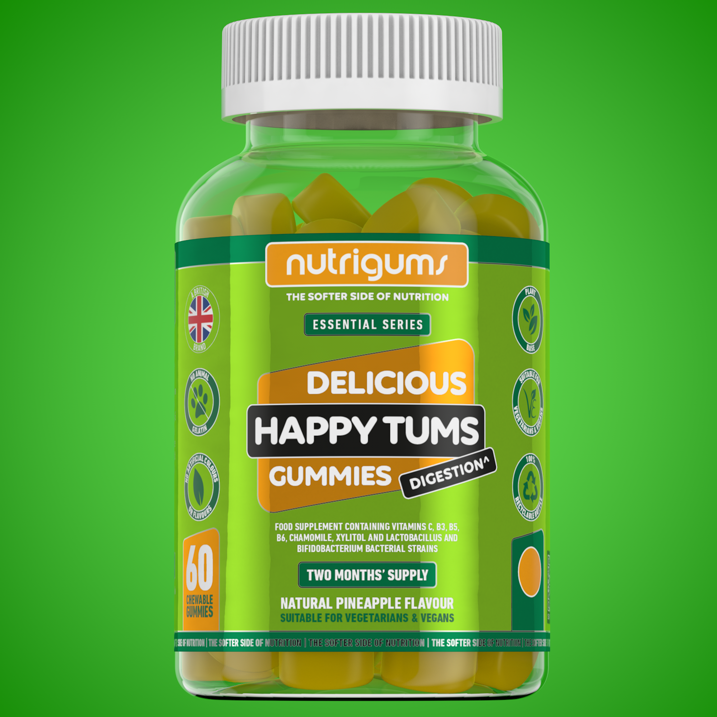 Happy Tums (Probiotics) Pineapple Flavour - 60 Vegan Gummies